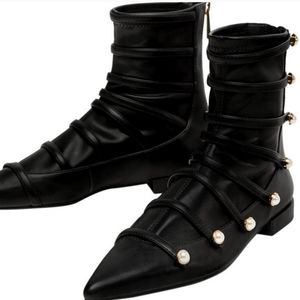 Zara Pearl Studded Faux Leather Sock Boots Sz 39